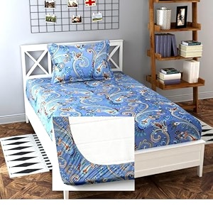 prime collection cotton-mix fitted single bedsheet with 1 pillow cover for single bed with all around elastic 250 tc size - 72x36x6 fit upto 6 inches mattress color blue