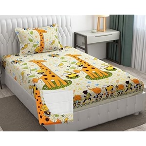 soniasaa prime collection cotton-mix fitted single bedsheet with 1 pillow cover for single bed with all around elastic 238 tc size - 72x36x6 fit upto 6 inches mattress color giraffe