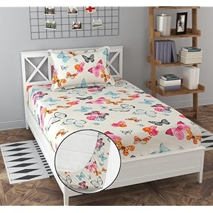 soniasaa prime collection cotton-mix fitted single bedsheet with 1 pillow cover for single bed with all around elastic 238 tc size - 72x36x6 fit upto 6 inches mattress color white butterfly