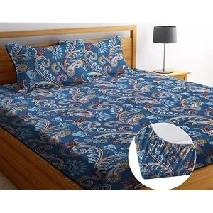 soniasaa premium polycotton elastic fitted floral bedsheet with 2 pillow covers for double bed with all around elastic 200 tc supersoft  size - 72x78 fit upto 6 inches mattress color blue twin