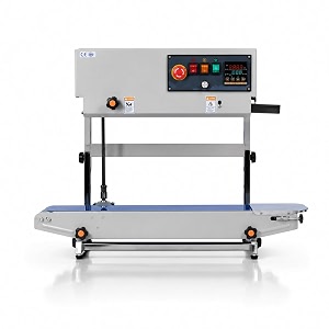 sonic industries vertical band sealer eco ms body  mild steel body  adjustable temperature amp conveyor speed  pouch packaging machine for food grocery pharma amp industrial use