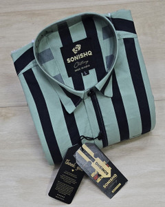 SONISHQ Men Striped Casual Green Blue Shirt