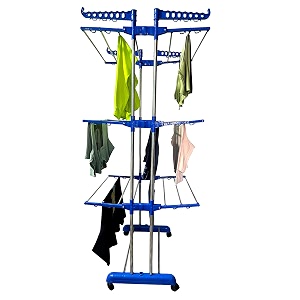 double pole 3 layer foldable stainless steel floor mounted cloth drying stand kapda sukhaneka standblue