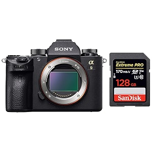 sony ilce-9 full-frame 242mp mirrorless interchangeable lens camera body only black  sandisk 128gb extreme pro sdxc uhs-i card - c10 u3 v30 4k uhd sd card
