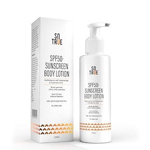 sotrue spf 50 sunscreen body lotion with uva amp uvb protection upto 24-hours intense hydration multivitamins with niacinamide amp hyaluronic acid no white cast lightweight 200ml