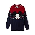 The Souled Store Official Disney: Mickey Mouse Boys Red and Navy Long Sleeve Round Neck Sweaters Boys Knit Sweaters for Kids' Children's Pullover Cable Cardigan Wool Printed Winter Wear Comfortable