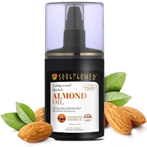 soulflower almond hair oil badam tail with vitamin e h for hair growth massage and nourishment glowing face and skin 100 pure cold-pressedthick consistency 120ml