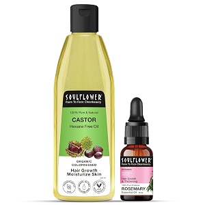 soulflower rosemary essential oil amp castor oil for hair growth hair fall control hydrating amp moisturising face amp skin  100 pure natural organic ecocert certified pack of 2 240ml