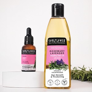 soulflower rosemary essential oil 15ml amp rosemary lavender hair oil 225ml  combo for hair growth hair fall control stronger roots scalp nourishment amp dandruff control  pack of 2