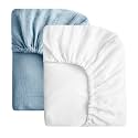 SOULFUL Mini Muslin Crib Sheets for Boys Girls, 2 Pack Soft and Breathable Cotton Fitted Crib Sheets for Standard Crib Mattress (24"x 38", White &amp; Blue)