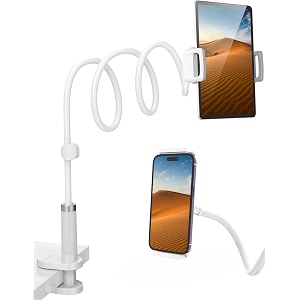 sounce 360 adjustable mobile phone holder universal phone holder clip lazy bracket flexible gooseneck clamp long arms mount for mobile tabletop stand for bedroom office home - white