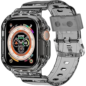 sounce transparent watch bands with rugged armor cover compatible with apple watch band strap 42mm 44mm 45mm 49mm ultra for iwatch series 8 7 6 5 4 3 2 se bumper case watch not included - black