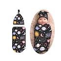 Space Galaxy Swaddle Blanket with Beanie Set, Soft and Stretchy Swaddlling Blanket for Boy and Girl