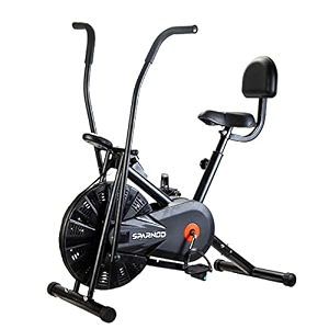 sparnod fitness sab-05_r air bike exercise cycle for home gym - dual action for full body workout - adjustable resistance height adjustable seat with back rest black