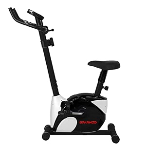 sparnod fitness sub-52 upright exercise bike for home gym - lcd display height adjustable seat compact design 4kg flywheel and heart rate sensors perfect cardio exercise cycle machine blackwhite