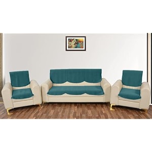sparrow world premium quilted sofa cover set for 5 seater  3 seater and 2 seater slip covers  velvet panel teal green zig zak