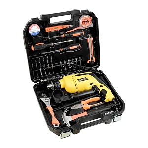 spartan 34 in 1 heavy duty hand tool kit with 13mm650w powerful impact drill machine  screwdrivers bits hammer wrench plier cutter measuring tape tester amp storage case pack of 1multicolor