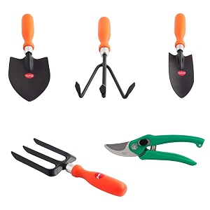 spartan spectacular gardening tools set of trowel big trowel small cultivator fork and pruner multicolour 5 pieces