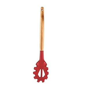 woodtula silicone pasta fork food grade noodle spoon heat resistant up to 445f with natural wooden handle bpa free spaghetti strainer amp server spoon 315 cm red