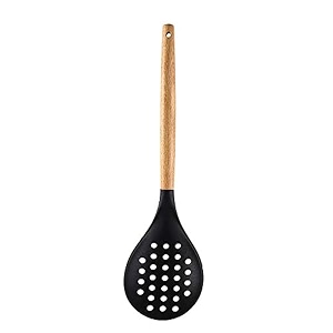 woodtula silicone skimmer spoon wooden handle seamless nonstick bpa-free amp heat resistant up to 445f kitchen strainer spoon pasta spaghetti noodles and frying 32 cm black