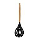 Woodtula Silicone Skimmer Spoon, Wooden Handle Seamless Nonstick BPA-Free &amp; Heat Resistant up to 445°F, Kitchen Strainer Spoon Pasta Spaghetti Noodles and Frying 32 cm Black
