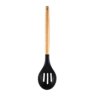 woodtula silicone slotted serving spoon heat resistant up to 445f wooden handle nonstick mixing spoon silicone kitchen cooking utensils non-stick tool for draining amp serving 315 cm black