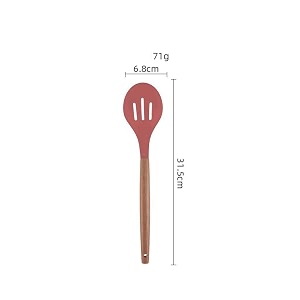 woodtula silicone slotted serving spoon heat resistant up to 445f wooden handle nonstick mixing spoon silicone kitchen cooking utensils non-stick tool for draining amp serving 315 cm red