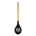 Woodtula Silicone Slotted Serving Spoon Heat Resistant up to 445°F, Wooden Handle Nonstick Mixing Spoon Silicone Kitchen Cooking Utensils Non-Stick Tool for Draining & Serving 31.5 cm Black