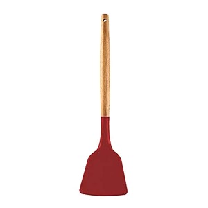 woodtula silicone spatula turner heat resistant up to 445f wooden handle flexible non-stick non-scratch spatula for flipping eggs burgers pancake omelet crepes and more 32 cm red