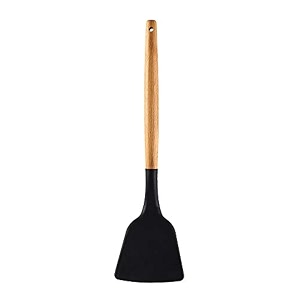 woodtula silicone spatula turner heat resistant up to 445f wooden handle flexible non-stick non-scratch spatula for flipping eggs burgers pancake omelet crepes and more 32 cm black