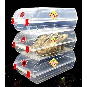 spc rectangle stackable shoes sandals heels sneakers footwear storage organizer box with lid multipurpose large clear - pack of 3