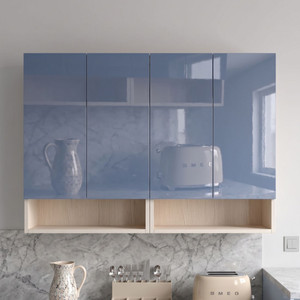 speciality panels 4 door mirror glossy uv resistant handless shutter  shelf free installation engineered wood crockery cabinet