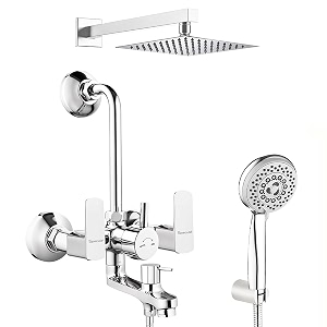 cube series brass wall mixer for bathroom 3 in 1 with overhead shower set  mist hand shower set with 15 meter hand shower pipe  wall mixer  shower set chrome