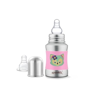speedex stainless steel baby feeding bottle with internal ml marking foxy printed silicon grip 140 ml blue color silver metal mirror finish 1 extra nipple free