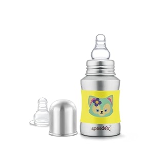 speedex stainless steel baby feeding bottle with internal ml marking foxy printed silicon grip 140 ml yellow color silver metal mirror finish 1 extra nipple free