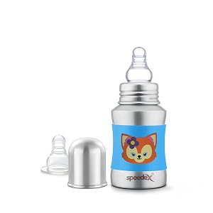 speedex stainless steel baby feeding bottle with internal ml marking foxy printed silicon grip 140 ml blue color silver metal mirror finish 1 extra nipple free