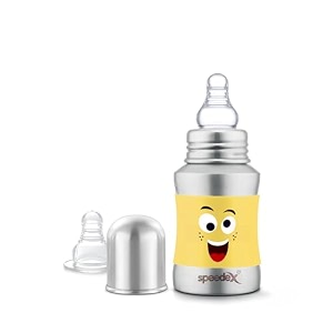 speedex stainless steel baby feeding bottle with internal ml marking foxy printed silicon grip 140 ml blue color silver metal mirror finish 1 extra nipple free