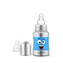 Speedex Stainless Steel Baby Feeding Bottle with Internal ML Marking, Smiley Printed Silicon Grip (140 ml, Blue Color, Silver Metal Mirror Finish) (1 Extra Nipple Free)