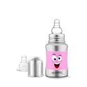 Speedex Stainless Steel Baby Feeding Bottle with Internal ML Marking, Smiley Printed Silicon Grip (140 ml, Pink Color, Silver Metal Mirror Finish) (1 Extra Nipple Free)