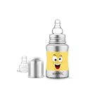 Speedex Stainless Steel Baby Feeding Bottle with Internal ML Marking, Foxy Printed Silicon Grip (140 ml, Blue Color, Silver Metal Mirror Finish) (1 Extra Nipple Free)