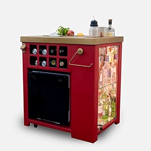 speedx home bars - model x home bar cabinet ruby red leather vinyl finish with built in 30l thermoelectric fridge easily movable with wheels at the bottom