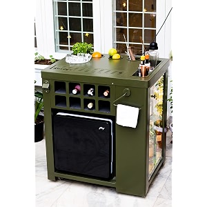 haus of bars by speedx - model x alloy steel cabinet olive green finish with built in 30l thermoelectric fridge easily movable with wheels at the bottom