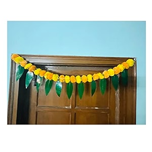 sphinx artificial marigold ampmango leaves simple door-window torandoor hangingsfestive decorations - approx100 cms40 inches333 ft - yellow and light orange 10