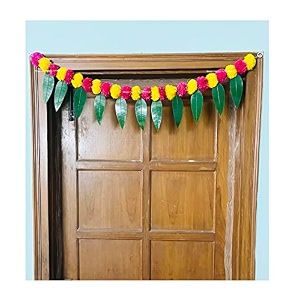 sphinx artificial marigold ampmango leaves simple door-window torandoor hangingsfestive decorations - approx100 cms40 inches333 ft - yellow and dark pink rani 2