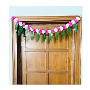 sphinx artificial marigold ampmango leaves simple door-window torandoor hangingsfestive decorations - approx100 cms40 inches333 ft - white and baby pink 1 piece