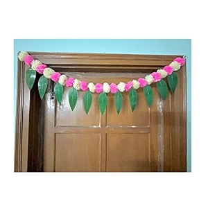 sphinx artificial marigold ampmango leaves simple door-window torandoor hangingsfestive decorations - approx100 cms40 inches333 ft - cream and baby pink 5