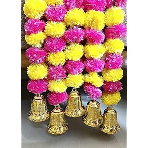sphinx artificial marigold garland with golden bells fluffy genda phool toran30 flowers per stringdoor hangingtrousseau backdrop decordiwali pooja ganesh chaturthi-yellow amp dark pinkrani 5 pcs