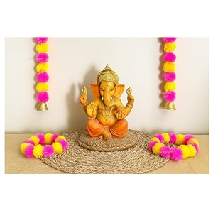 sphinx artificial marigold fluffy flowers and goldensilver hanging bells garlandstoranswall hangings for decoration- 30 flowers per string - yellow and baby pink 50