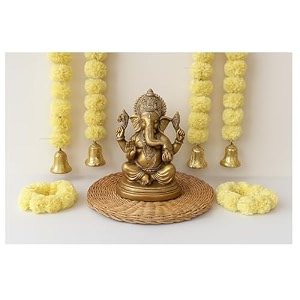 sphinx artificial marigold garland with goldensilver bellsfluffy genda phool toran30 flowers per stringdoor hangingtrousseau backdrop wall decordiwali wedding pooja ganesh chaturthi-cream 5