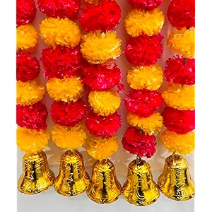 sphinx artificial marigold fluffy flowers and goldensilver hanging bells garlandstoranswall hangings for decoration- 30 flowers per string - light orange and red 5